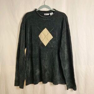 Vintage Dark Gray Argyle Chenille Knit Rolled Crew Neck Sweater UNTIED L 90s Y2K
